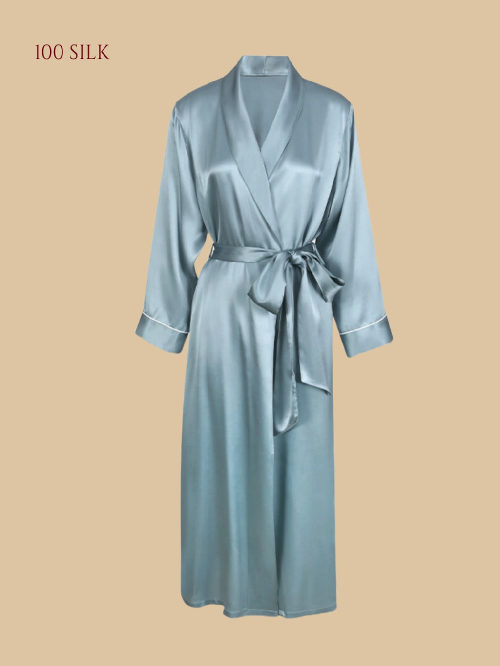 Serene Blue Lightweight Silk Robe featuring Elegant Contrast Piping | Silkgala