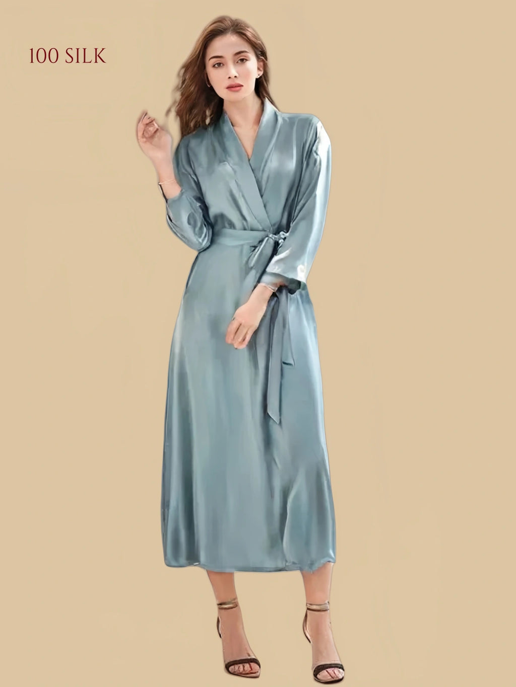 Serene Blue Lightweight Silk Robe featuring Elegant Contrast Piping | Silkgala