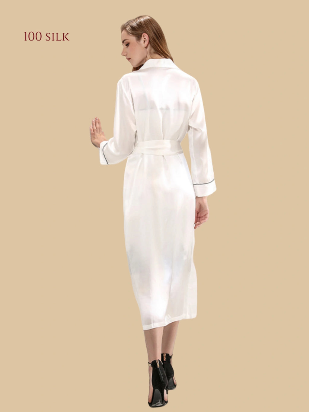 Back view of White Long Sleeve Silk Bathrobe for Women | Silkgala