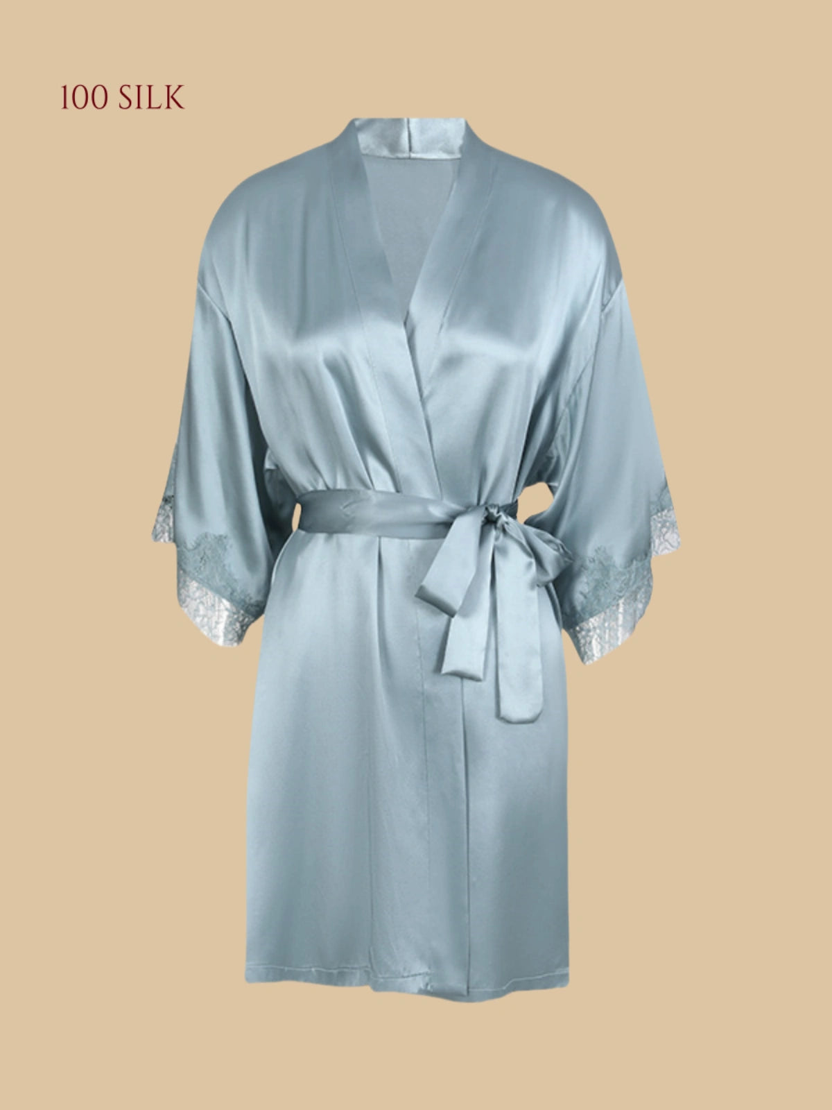 Main Collection Image: Silkgala 16mm minimalist silk robe with floral lace cuffs and no pockets in Deep Blue.