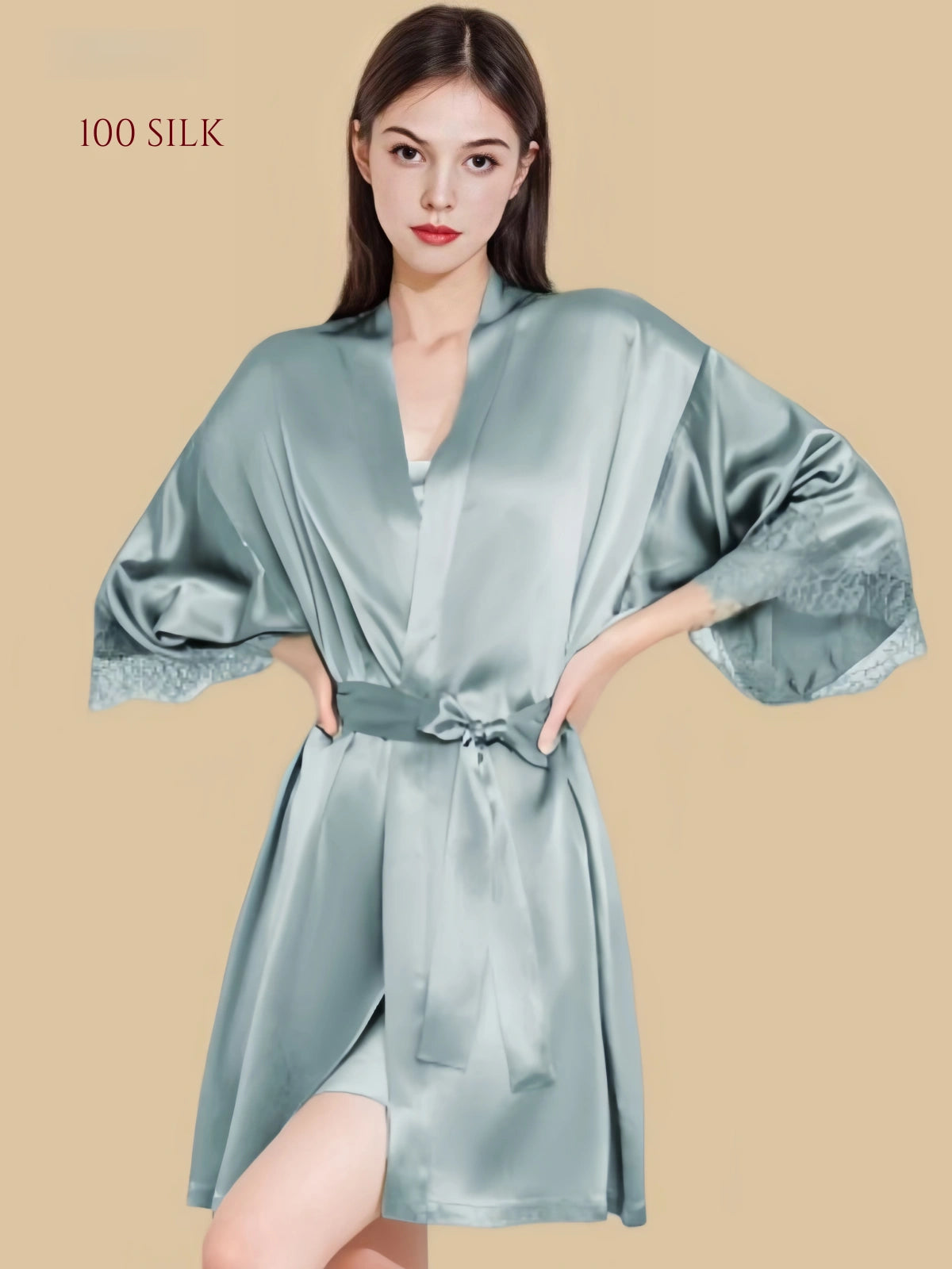 Main Collection Image: Silkgala 16mm minimalist silk robe with floral lace cuffs and no pockets in Deep Blue.