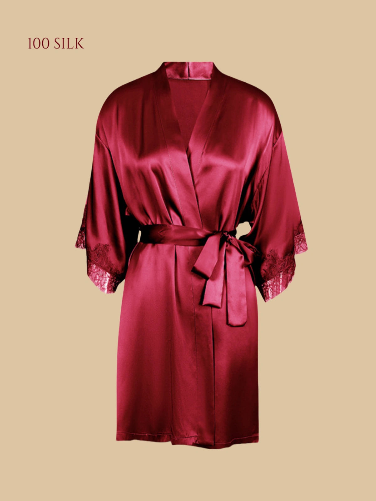 Main Collection Image: Silkgala 16mm minimalist silk robe with floral lace cuffs and no pockets in Deep Red.