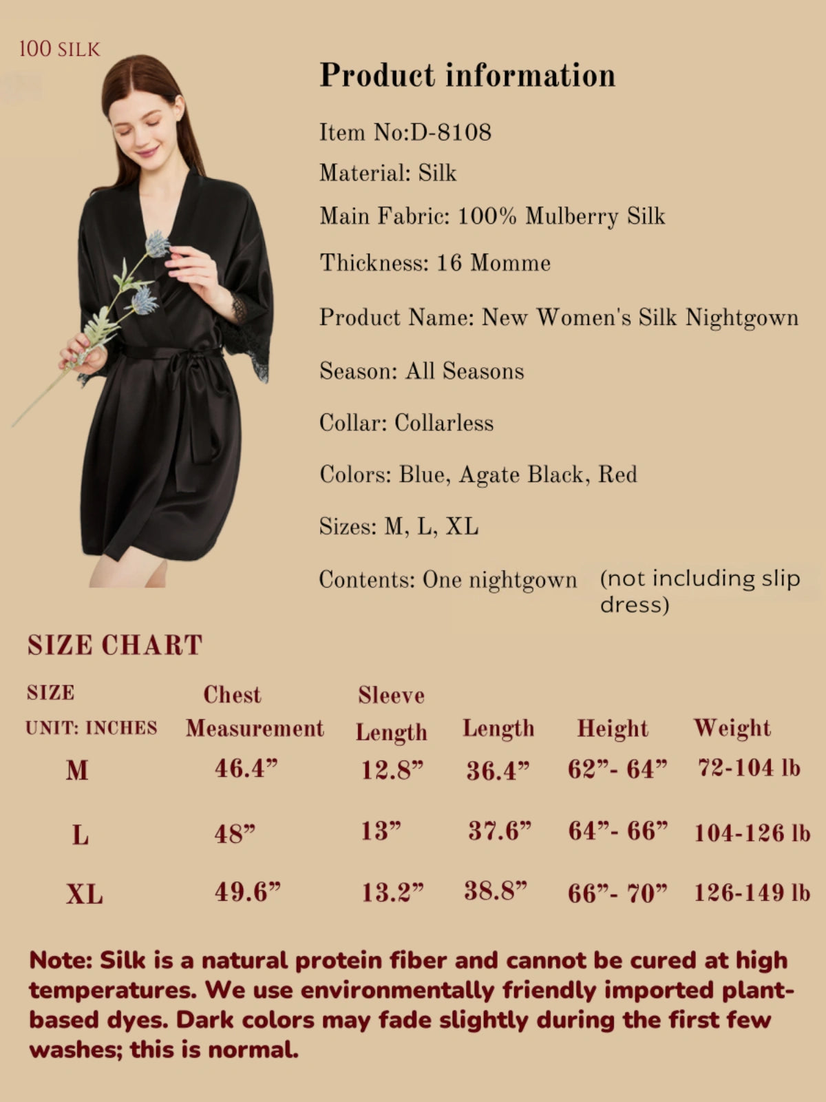 Silkgala Measurement Guide for Minimalist Pocketless Silk Robe, Showing Versatile Fit with Independent Silk Sash and Wide Lace Cuffs.