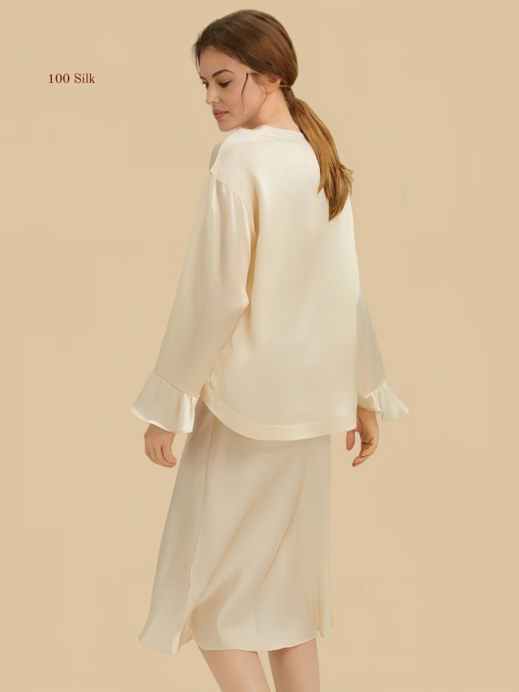 Champagne 16.5mm silk layered set back view with cropped long-sleeve outer layer