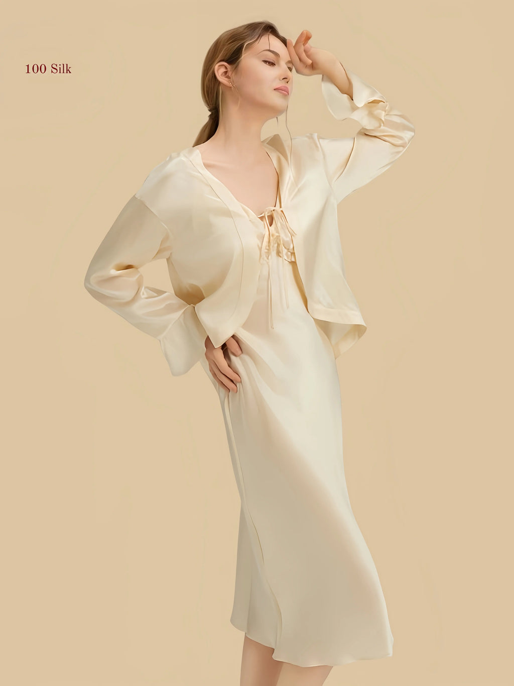 Champagne 16.5mm silk layered set front view with cropped outer top and ruffle bust slip