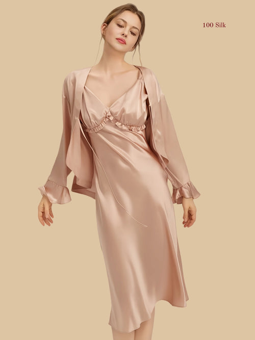 Coral pink 16.5mm silk layered set front view with fluid slip and cropped top