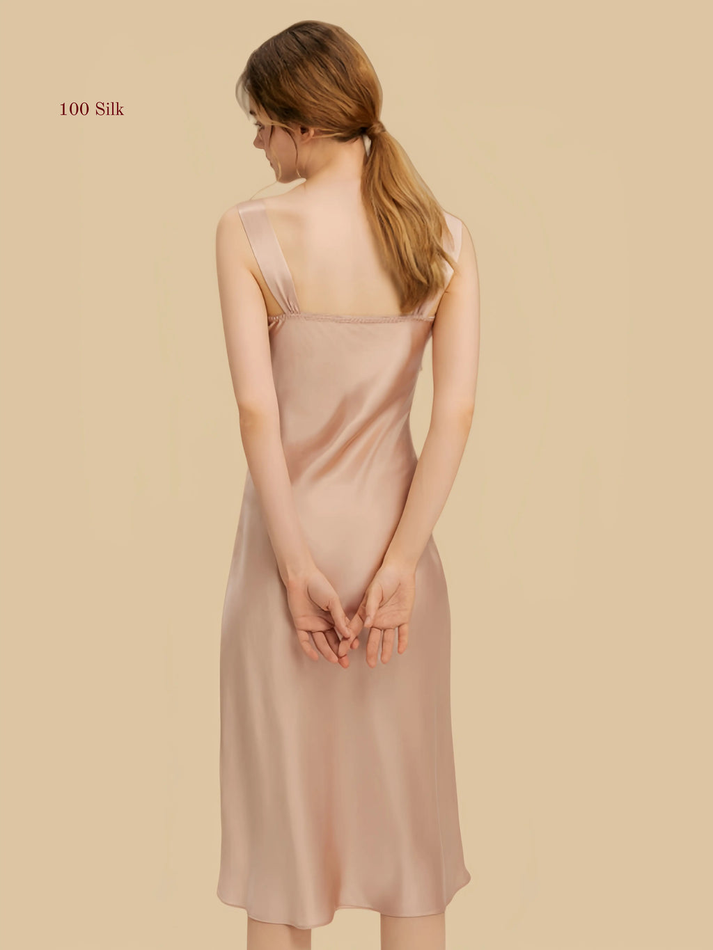 Coral pink 16.5mm silk slip back view with slim shoulder straps