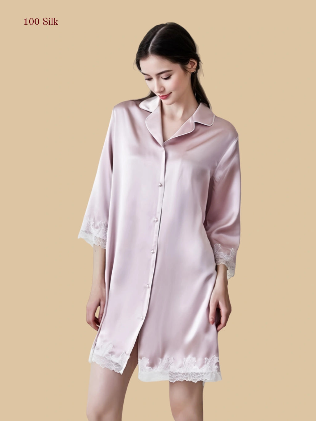 Silkgala 16mm pink button-down silk nightshirt with heavy white lace trim.