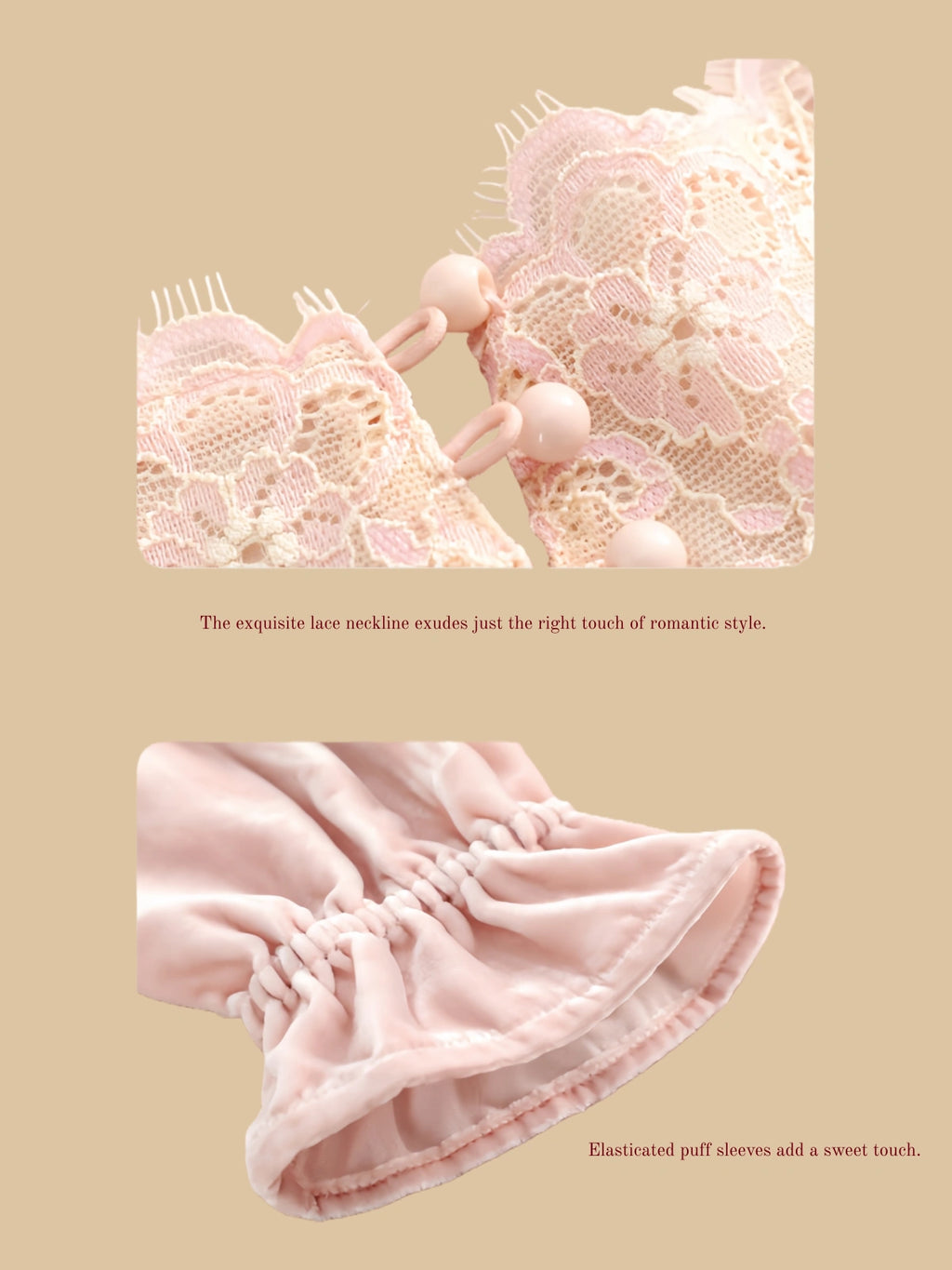 Detail view of pink velvet set showing lace neckline buttons and elastic puff cuff