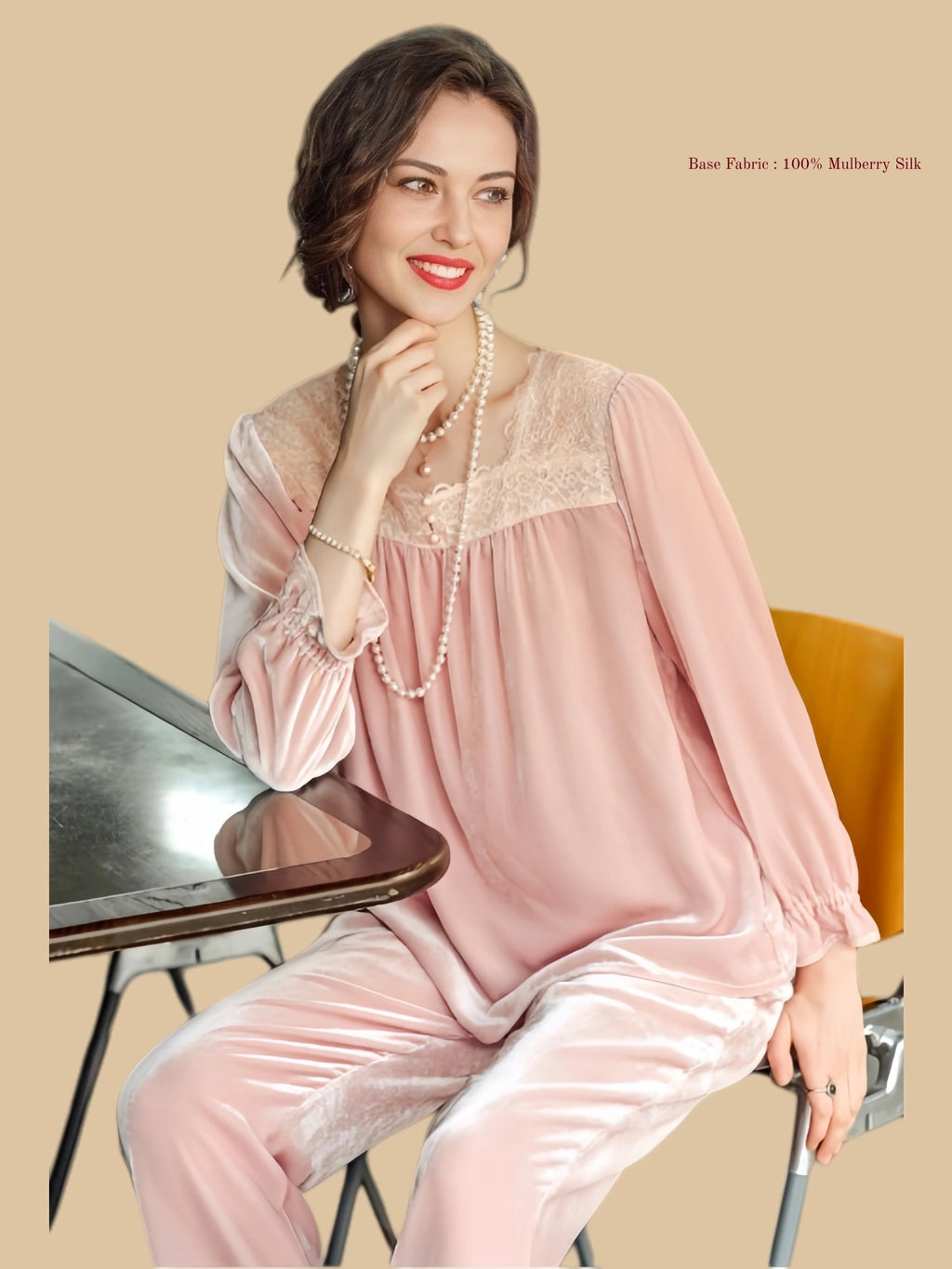 Pink heavyweight velvet blouse set seated view with loose blouse top and soft velvet trousers