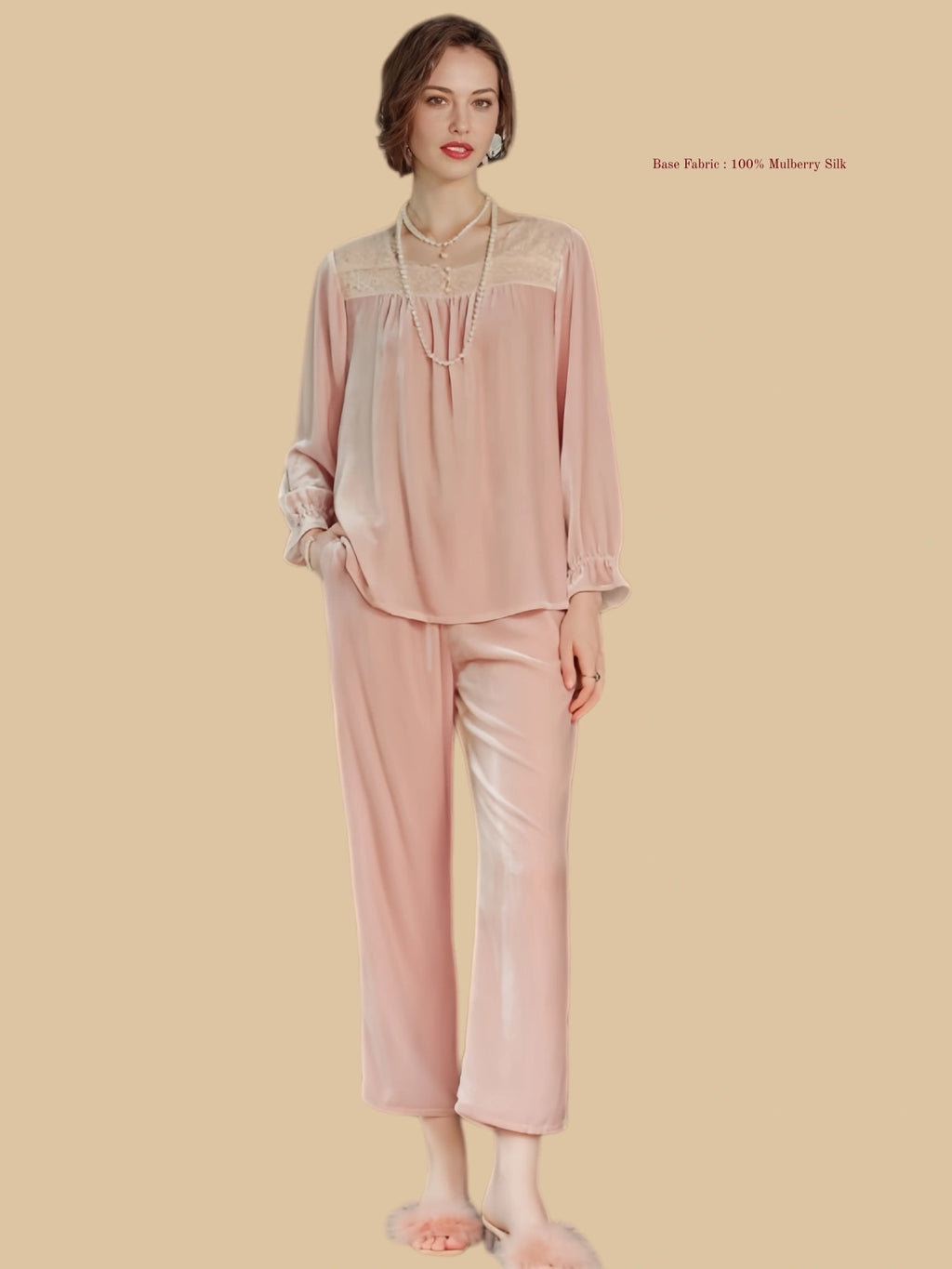 Pink heavyweight velvet blouse set front view with lace yoke and full-length straight trousers