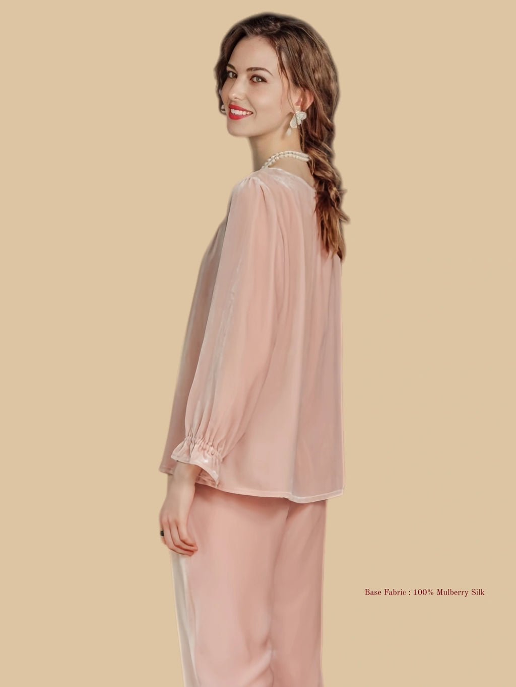 Pink heavyweight velvet blouse set back view with clean straight silhouette