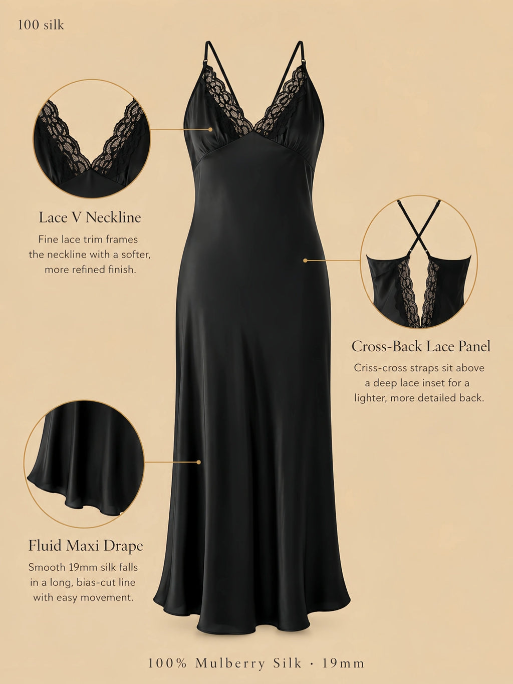 Silkgala 19mm 100% mulberry silk maxi dress detail image showing a lace V neckline, padded bust construction, cross-back straps, deep back lace panel, and fluid maxi drape.