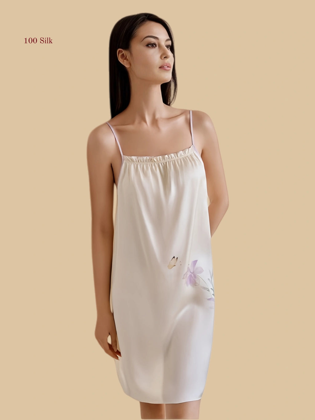 Front view of 19mm silk nightdress with watercolor floral detail