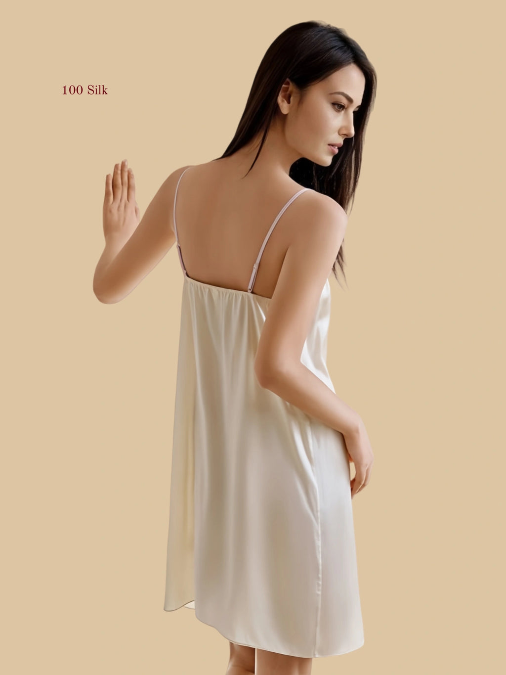 Back view of relaxed silk nightdress with spaghetti straps