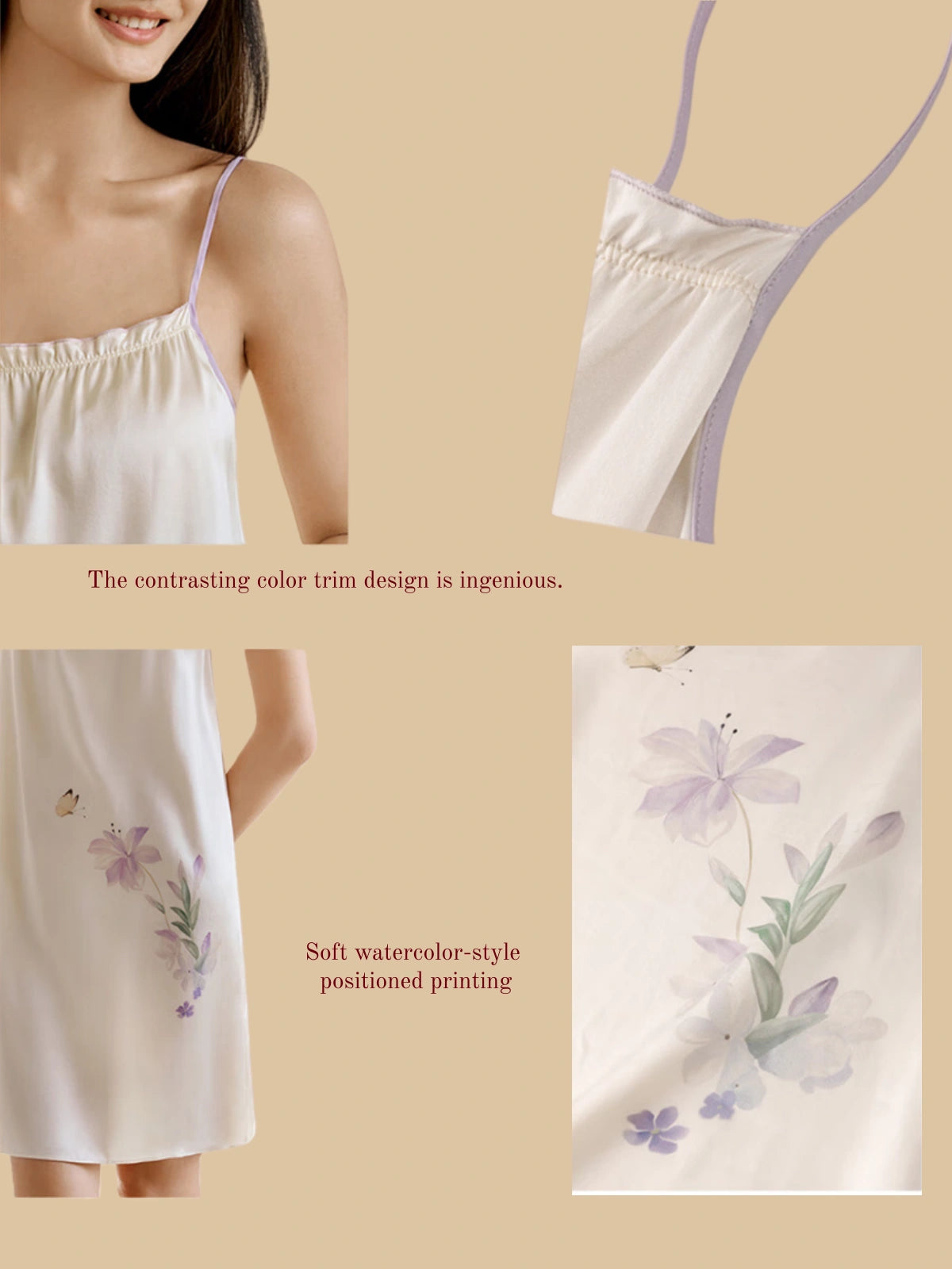 Close-up of watercolor floral print on silk nightdress