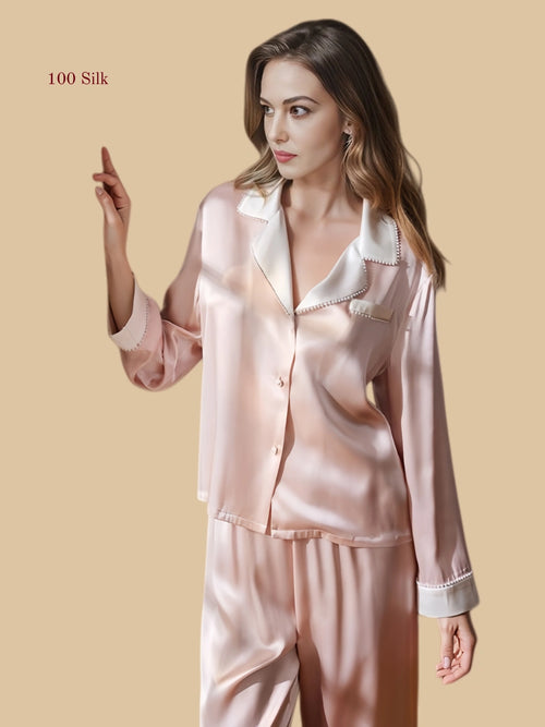 Pink 19mm beaded pajamas front view with hand-applied edging along the collar, placket, and cuffs