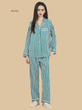 Green 19mm striped button-up pajamas front view with notched collar and straight-leg pants