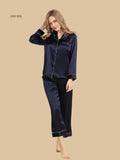 Dark blue 19mm clean-line silk lounge set front view with fine contrast piping and ankle-length pants