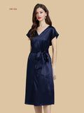 Navy blue 19mm waist-tie silk lounge dress front view with cap sleeves and straight skirt