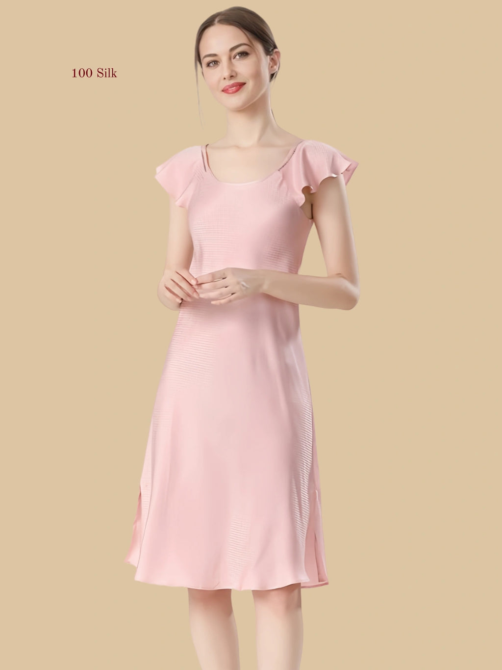 Pink 19mm textured silk sleep dress front view with soft A-line silhouette