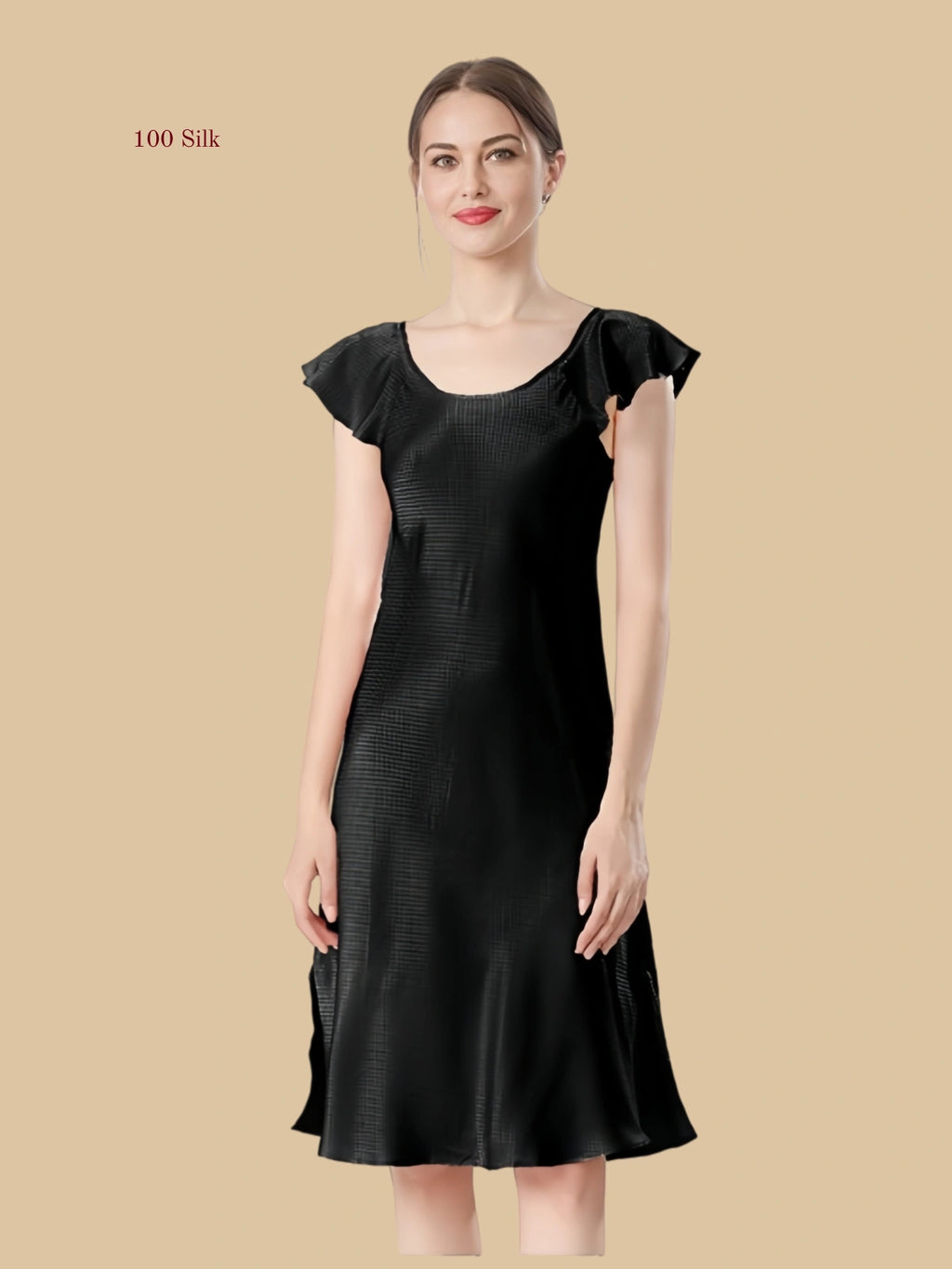Black 19mm textured silk sleep dress front view with soft A-line silhouette