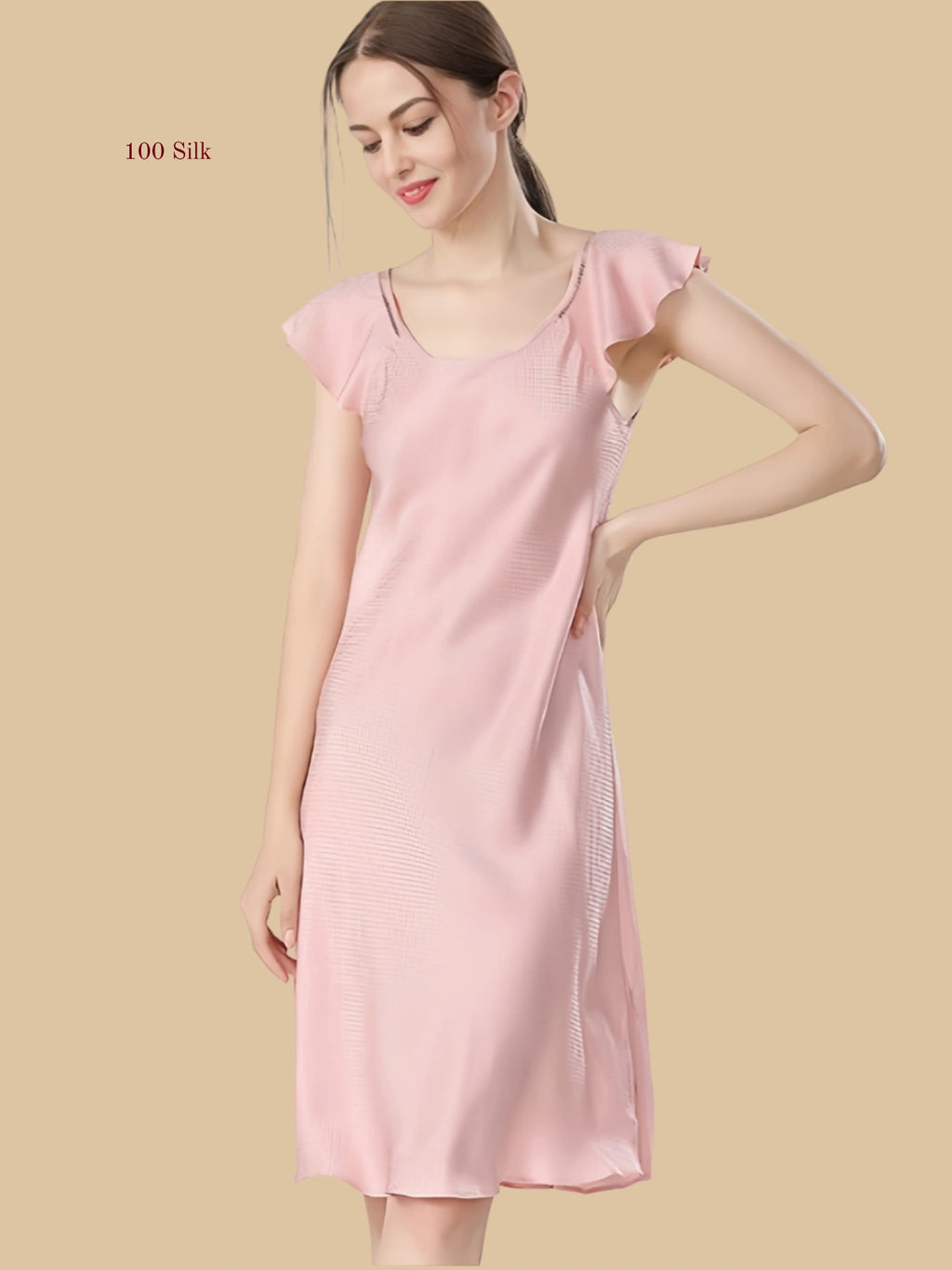 Pink 19mm textured silk sleep dress front view with soft A-line silhouette