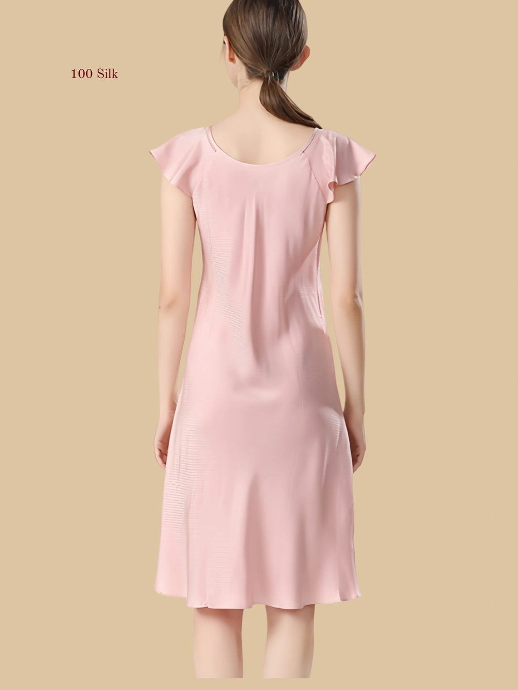 Pink 19mm textured silk sleep dress back view with flutter sleeves and clean drape