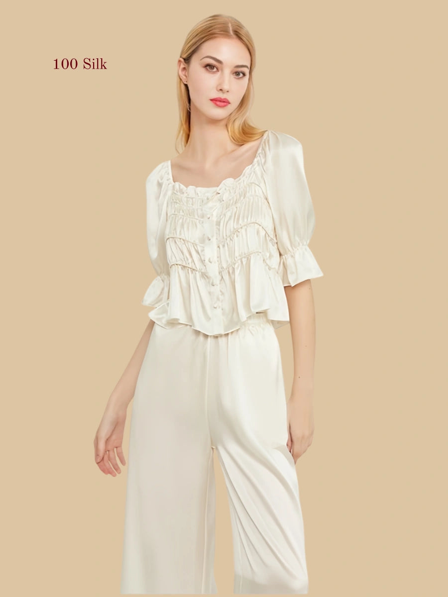 Pure Silk French style Short sleeved Pajama Set
