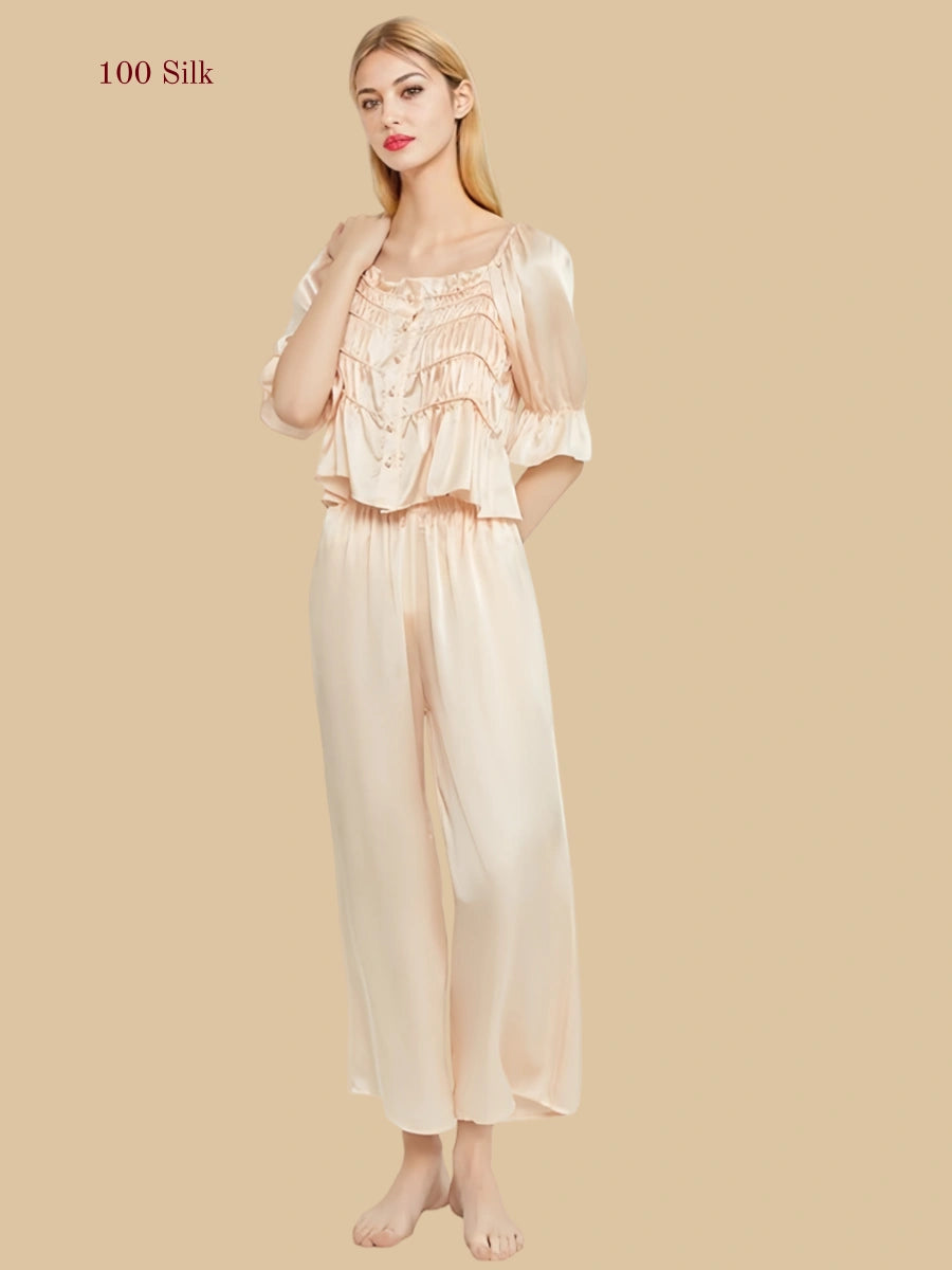 Pure Silk French style Short sleeved Pajama Set