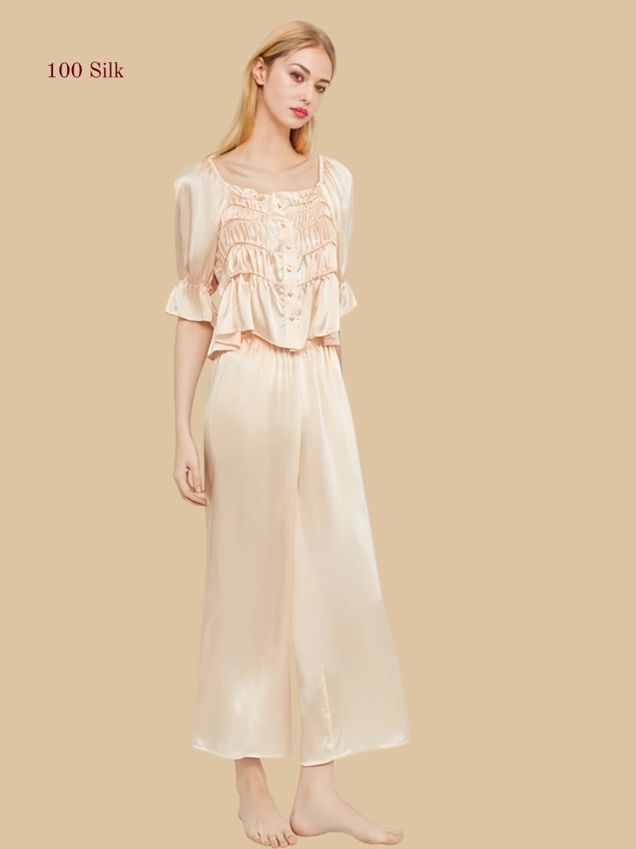 Pure Silk French style Short sleeved Pajama Set