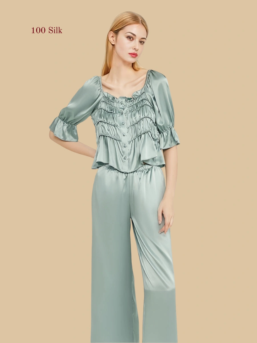 Pure Silk French style Short sleeved Pajama Set