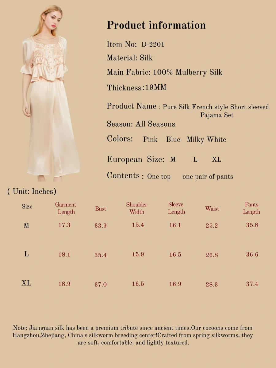 Pure Silk French style Short sleeved Pajama Set