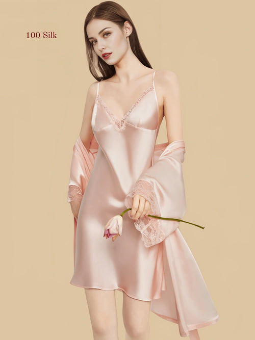 Pink 16mm silk robe and slip set front view with lace-trim cuff robe and matching short slip