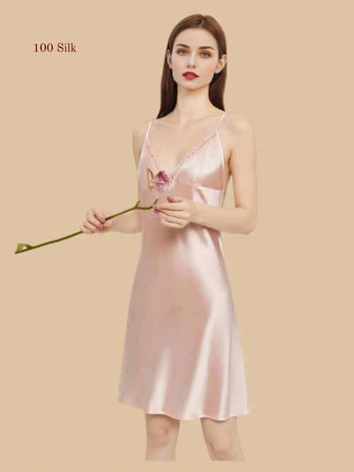 Pink 16mm silk slip front view with lace-trim V neckline