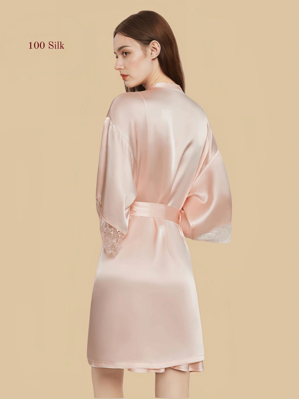 Pink Robe Back View 16mm Silk Robe and Slip Set | Lace-Trim Cuffs – Silkgala