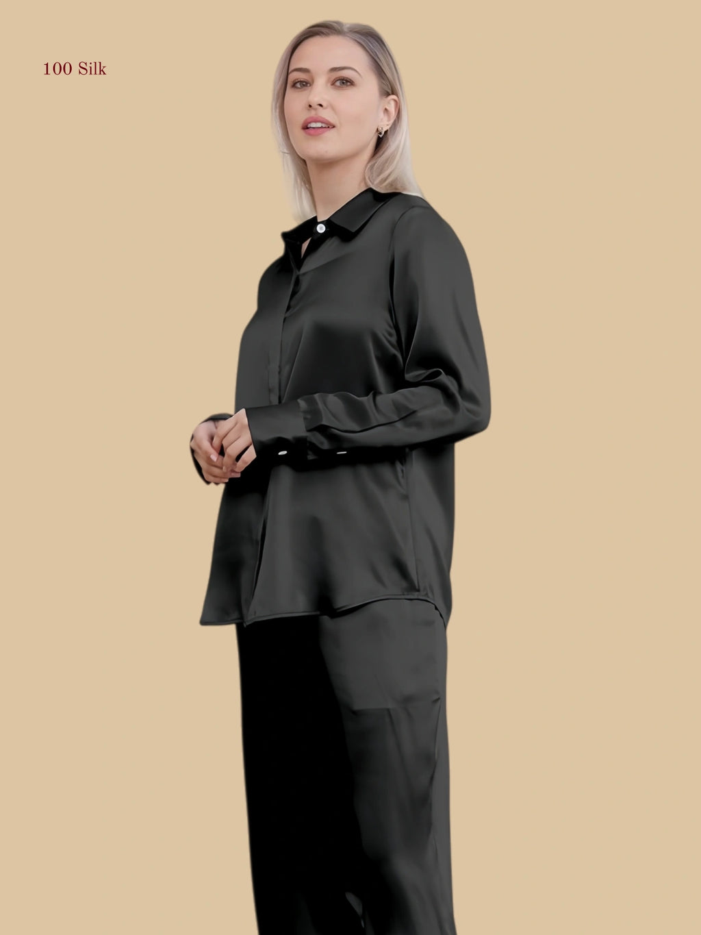 Black 19mm minimal pajama set side view with clean collar and button cuff detail