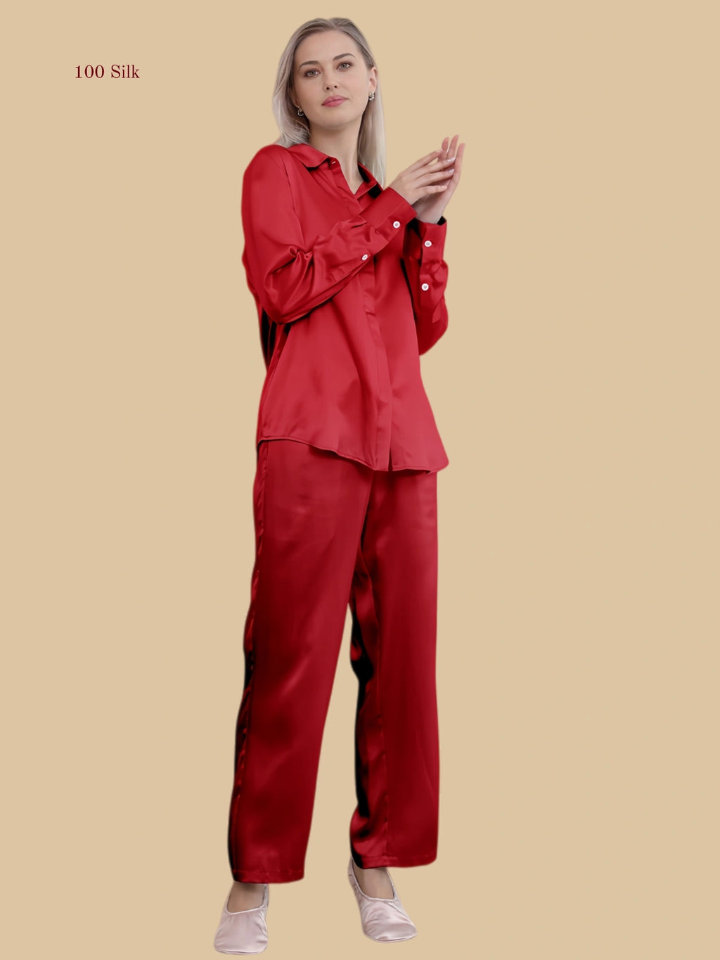 Bur gundy 19mm minimal pajama set front view with clean shirt collar and full-length pants