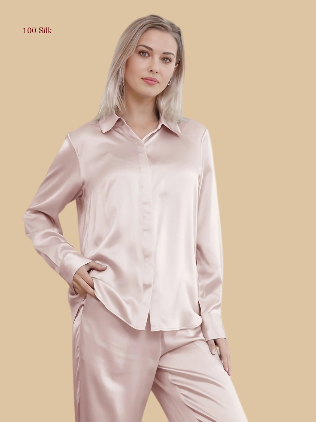 pink 19mm minimal pajama set front view with clean shirt collar and full-length pants