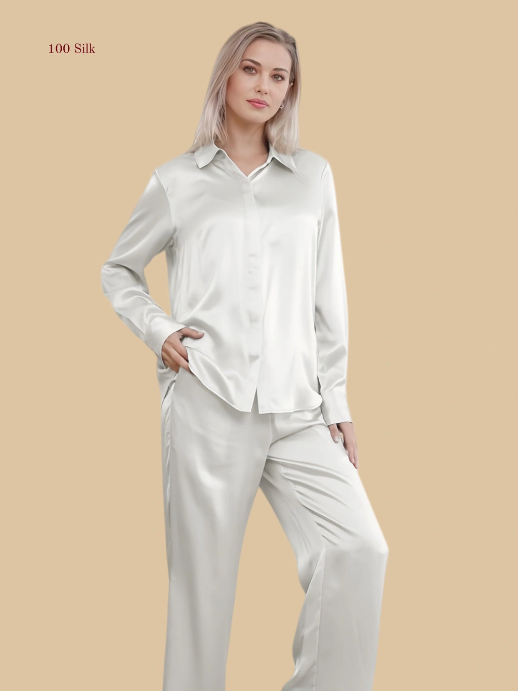 Silver Gray 19mm minimal pajama set front view with clean shirt collar and full-length pants