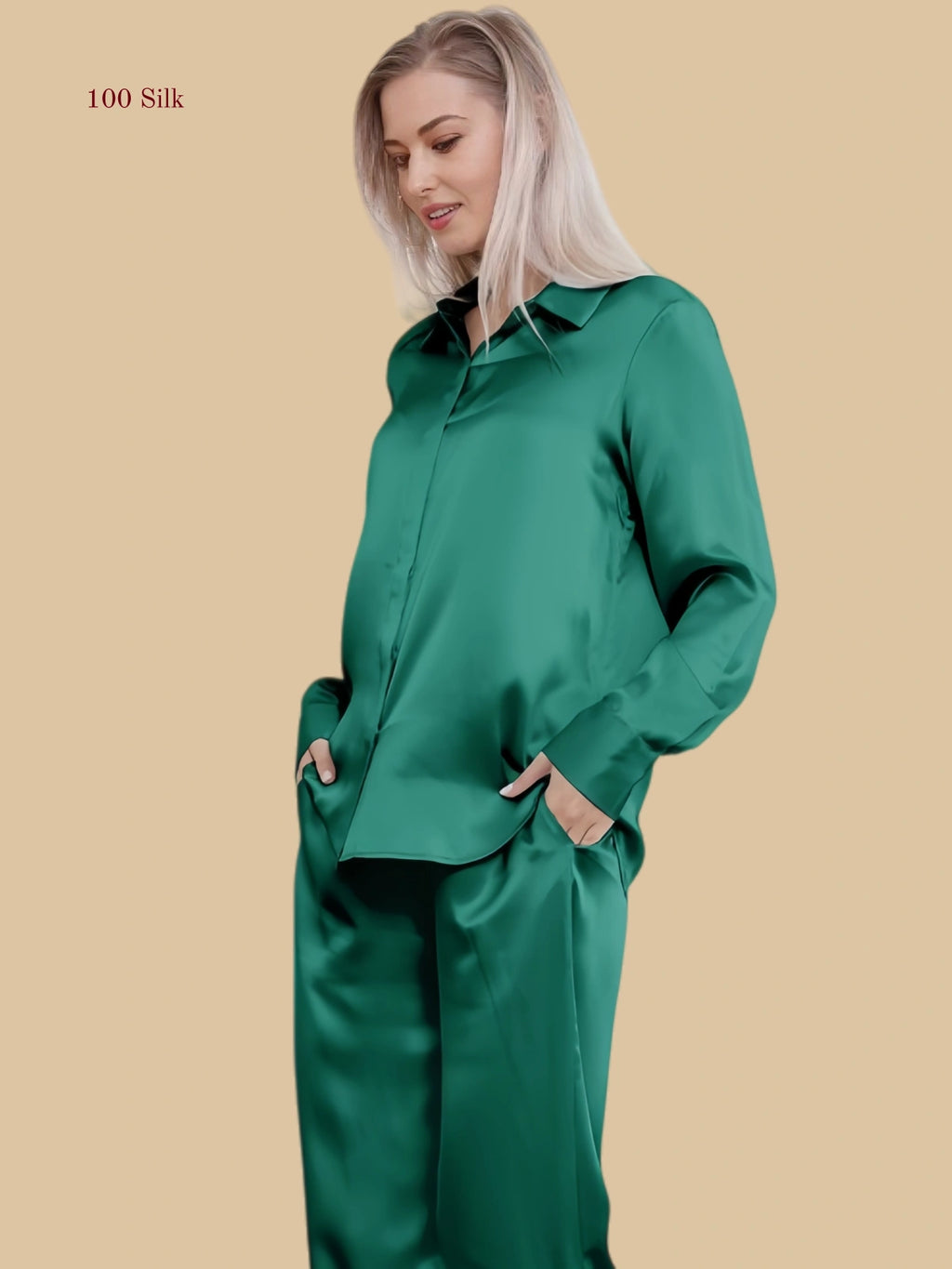 Dark Green 19mm minimal pajama set side view with clean collar and button cuff detail