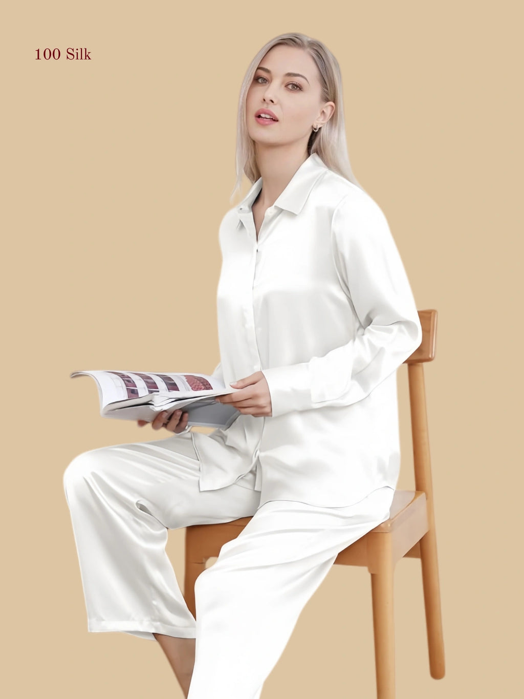 white 19mm minimal pajama set seated view with smooth shirt-style top and straight pants