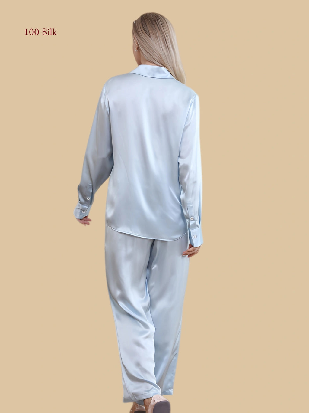 blue 19mm minimal pajama set back view with long sleeves and buttoned cuffs