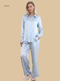 blue 19mm minimal pajama set front view with clean shirt collar and full-length pants