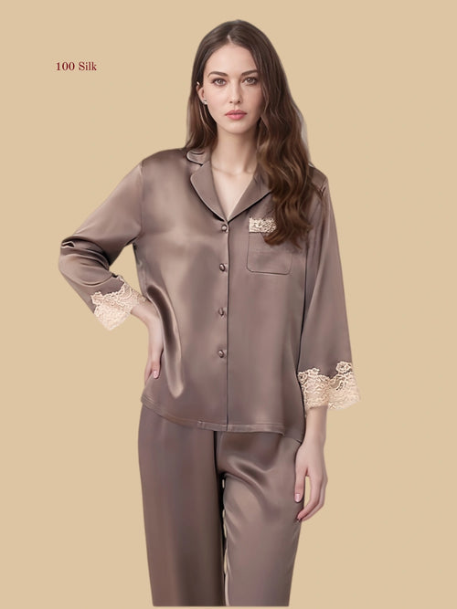 Dark brown 16mm lace-cuff pajamas front view with notched collar and lace-accent chest pocket
