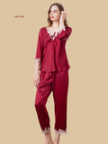 Jujube red 19mm easy-fit silk homewear front view with lace neckline and cropped straight pants