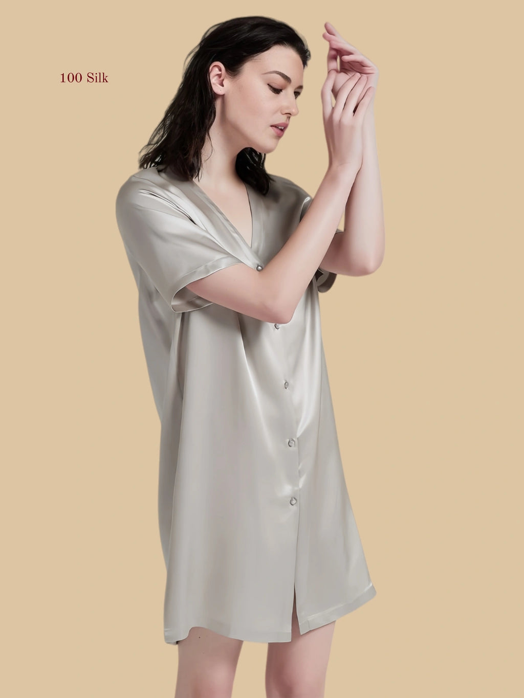 gray 19mm minimalist sleepshirt front view with V-neck button front and short sleeves