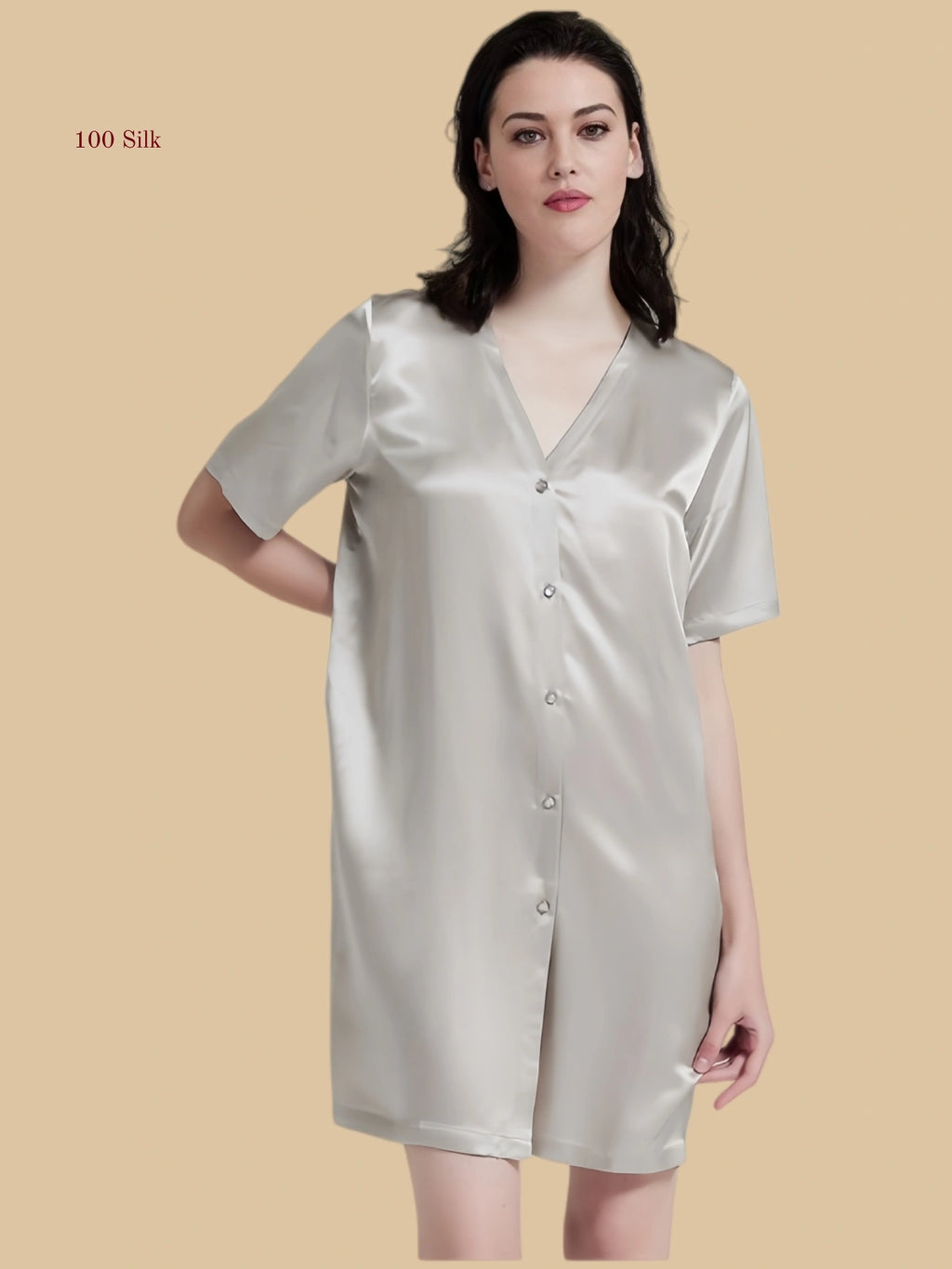 gray 19mm minimalist sleepshirt front view with V-neck button front and short sleeves