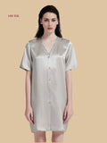 gray 19mm minimalist sleepshirt front view with V-neck button front and short sleeves