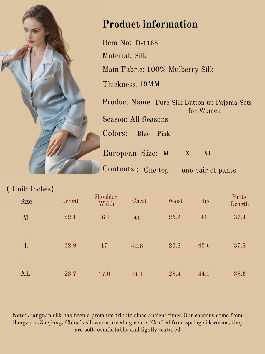 Pure Silk Button Up Pajama Sets For Women